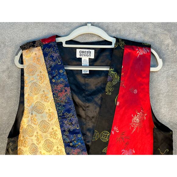VTG Chico's Designs Vest Large Satin Patchwork Asian Inspired Floral 80s 90s - Picture 2 of 6
